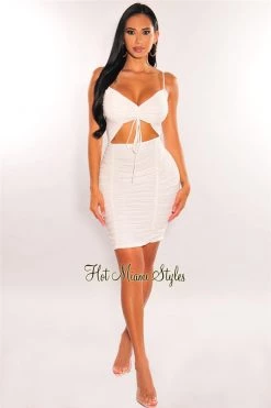Vendor-unknown Just In White V Neck Cut Out Open Back Ruched Dress