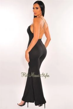 Vendor-unknown Black Elastic Straps Crisscross Palazzo Jumpsuit