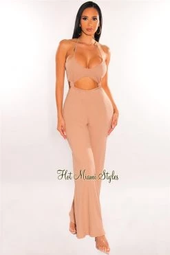 Vendor-unknown Mocha Ribbed Halter Knotted Cut Out Palazzo Jumpsuit