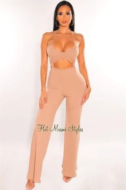 Vendor-unknown Mocha Ribbed Halter Knotted Cut Out Palazzo Jumpsuit