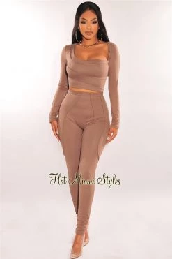 Vendor-unknown Taupe Asymmetrical Long Sleeve Pants Two Piece Set Just In