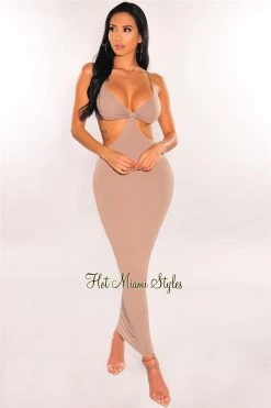 Vendor-unknown Taupe Spaghetti Straps Knotted Cut Out Maxi Dress Just In