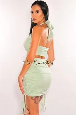 Vendor-unknown Just In Dusty Mint Halter Tie Up Ruched Skirt Two Piece Set