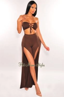 Vendor-unknown Chocolate Bandeau Lace Up Slit Palazzo Pant Two Piece Set