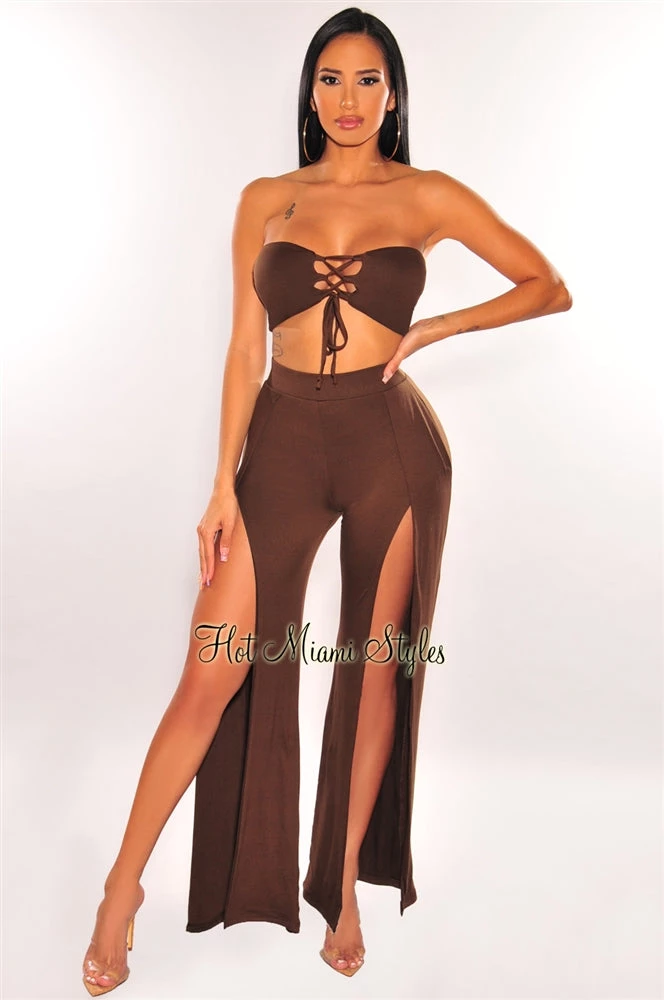 Vendor-unknown Chocolate Bandeau Lace Up Slit Palazzo Pant Two Piece Set
