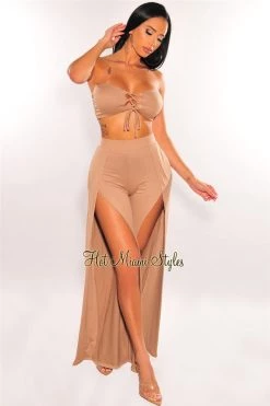 Vendor-unknown Mocha Bandeau Lace Up Slit Palazzo Pant Two Piece Set Just In
