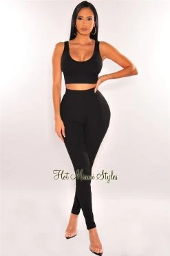 Vendor-unknown Black Ribbed Tank Bustier High Waist Pants Two Piece Set