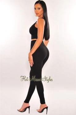 Vendor-unknown Black Ribbed Tank Bustier High Waist Pants Two Piece Set