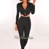 Vendor-unknown Just In Black Ribbed Knit Zipper Long Sleeve Pants Two Piece Set