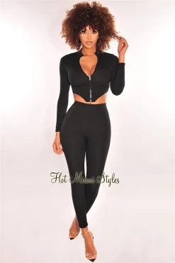 Vendor-unknown Just In Black Ribbed Knit Zipper Long Sleeve Pants Two Piece Set