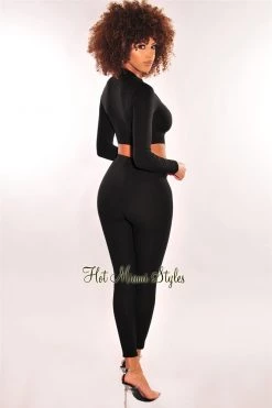 Vendor-unknown Just In Black Ribbed Knit Zipper Long Sleeve Pants Two Piece Set