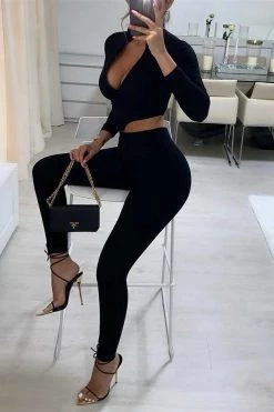 Vendor-unknown Just In Black Ribbed Knit Zipper Long Sleeve Pants Two Piece Set