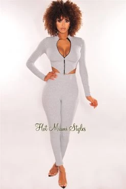 Vendor-unknown Just In Gray Ribbed Knit Zipper Long Sleeve Pants Two Piece Set