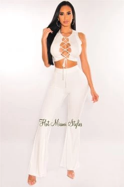 Sole Mio (set) Just In White Lace Up Sleeveless High Waist Palazzo Pant Two Piece Set