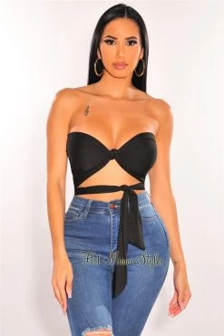 Vendor-unknown Just In Black Double Lined Multiwear Bandeau Tie Up Crop Top