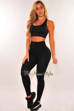 Sole Mio (set) HMS Fit: Black Seamless Padded Racer Back High Waist Leggings Two Piece Set