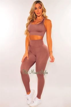 Sole Mio (set) HMS Fit: Mauve Seamless Padded Racer Back High Waist Leggings Two Piece Set Just In