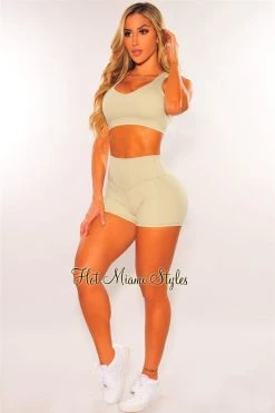 Sole Mio (set) HMS Fit: Light Sage Racerback Padded Shorts Two Piece Set Just In