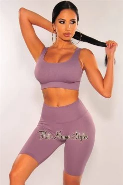 Sole Mio (set) Just In HMS Fit: Purple Haze Ribbed Seamless Padded Butt Lifting Biker Shorts Two Piece Set