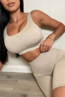 Sole Mio (set) HMS Fit: Sand Ribbed Seamless Padded Butt Lifting Biker Shorts Two Piece Set