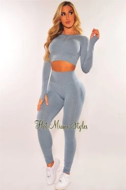 Sole Mio (set) HMS Fit: Dusty Blue Marl Seamless Butt Lifting Leggings Two Piece Set Just In