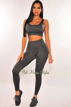 Sole Mio (set) HMS Fit: Smoke Gray Padded High Waist Leggings Two Piece Set Just In