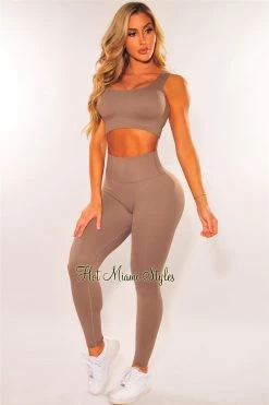 Sole Mio (set) HMS Fit: Taupe Padded High Waist Leggings Two Piece Set