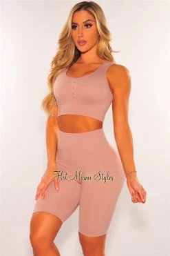 Sole Mio (set) HMS Fit: Dusty Blush Seamless Padded Biker Shorts Two Piece Set Just In