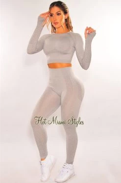 Sole Mio (set) HMS Fit: Light Gray Marl Seamless Long Sleeves Leggings Two Piece Set