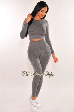 Sole Mio (set) HMS Fit: Gray Marl Ribbed Seamless Long Sleeves Leggings Two Piece Set