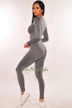 Sole Mio (set) HMS Fit: Gray Marl Ribbed Seamless Long Sleeves Leggings Two Piece Set