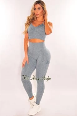 Vendor-unknown HMS Fit: Blue Marl Racerback Butt Lifting Leggings Two Piece Set