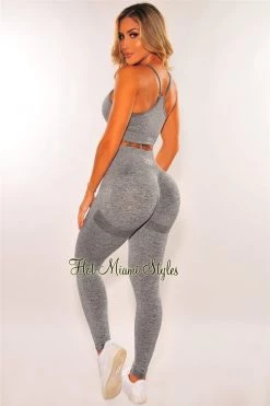 Vendor-unknown HMS Fit: Gray Marl Racerback Butt Lifting Leggings Two Piece Set Just In