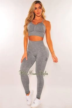 Vendor-unknown HMS Fit: Gray Marl Racerback Butt Lifting Leggings Two Piece Set Just In