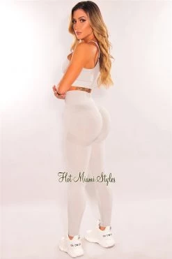 Vendor-unknown HMS Fit: Light Gray Marl Racerback Butt Lifting Leggings Two Piece Set