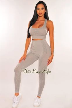 Sole Mio (set) HMS Fit: Light Gray Marl Padded Racerback Leggings Two Piece Set