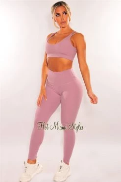 Vendor-unknown HMS Fit: Dusty Lilac Padded Knotted High Waist Butt Lifting Leggings Two Piece Set Just In
