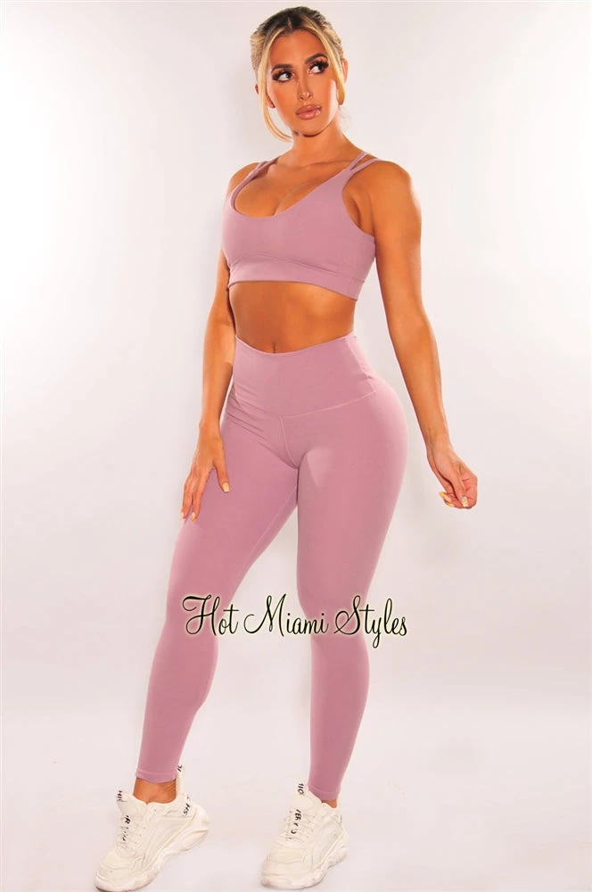 Vendor-unknown HMS Fit: Dusty Lilac Padded Knotted High Waist Butt Lifting Leggings Two Piece Set Just In