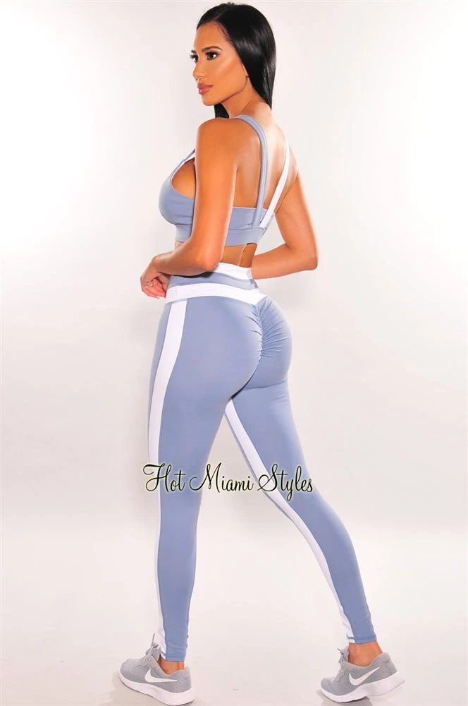 Vendor-unknown HMS Fit: White Dusty Blue Padded Butt Lifting Leggings Two Piece Set