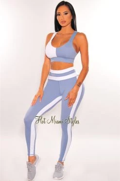 Vendor-unknown HMS Fit: White Dusty Blue Padded Butt Lifting Leggings Two Piece Set