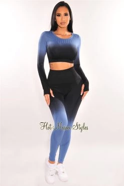 Sole Mio (set) HMS Fit: Black Blue Gradient Seamless Long Sleeve Butt Lifting Leggings Two Piece Set