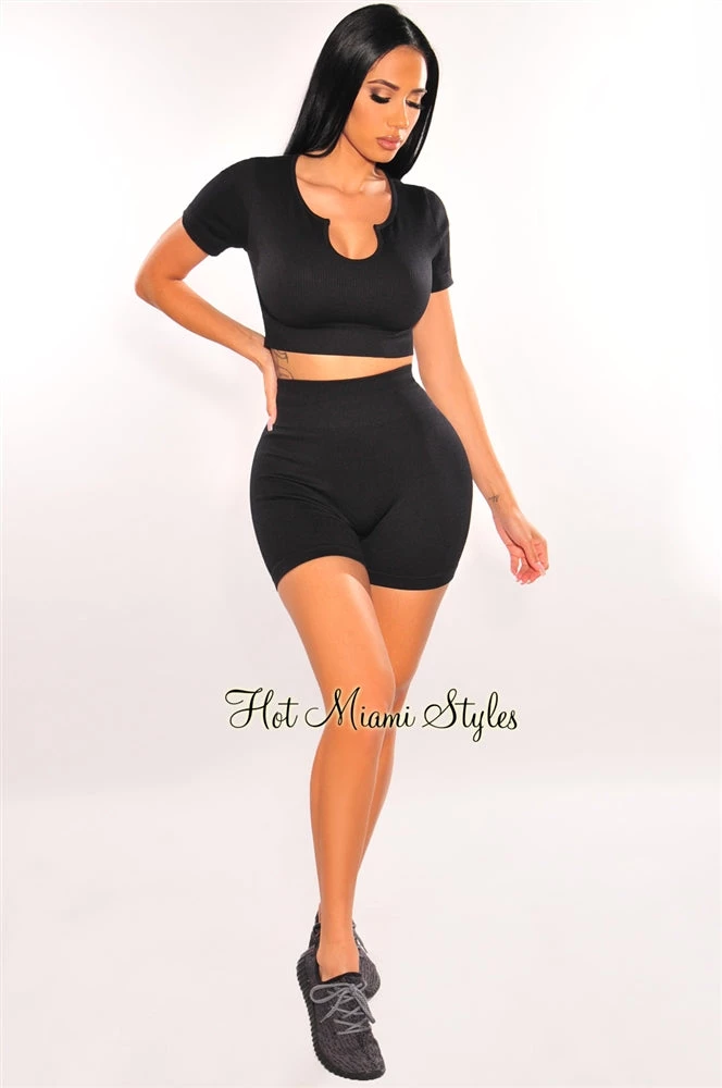 Vendor-unknown Just In HMS Fit: Black Ribbed Short Sleeve Biker Short Two Piece Set