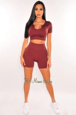 Vendor-unknown HMS Fit: Chocolate Ribbed Short Sleeve Biker Short Two Piece Set