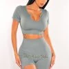 Vendor-unknown HMS Fit: Dusty Sage Ribbed Short Sleeve Biker Short Two Piece Set