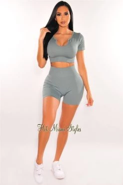 Vendor-unknown HMS Fit: Dusty Sage Ribbed Short Sleeve Biker Short Two Piece Set