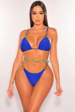 Hollywood & I Just In Royal Blue Gold Chain Scrunch Butt Bikini