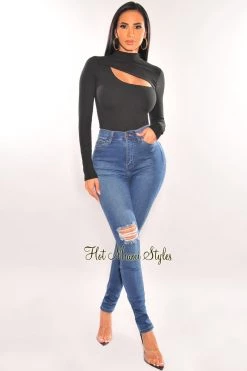 MEEK Black Ribbed Mock Neck Cut Out Long Sleeve Bodysuit Just In