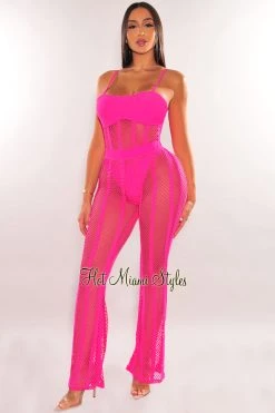 KTOO Fuchsia Spaghetti Straps Fishnet Bodysuit Palazzo Pants Two Piece Set Just In