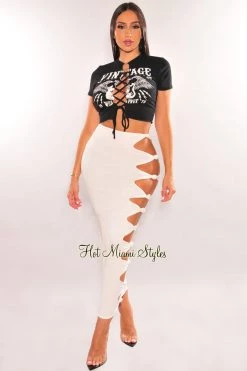 Dexire White High Waist Cut Out Knotted Slit Skirt