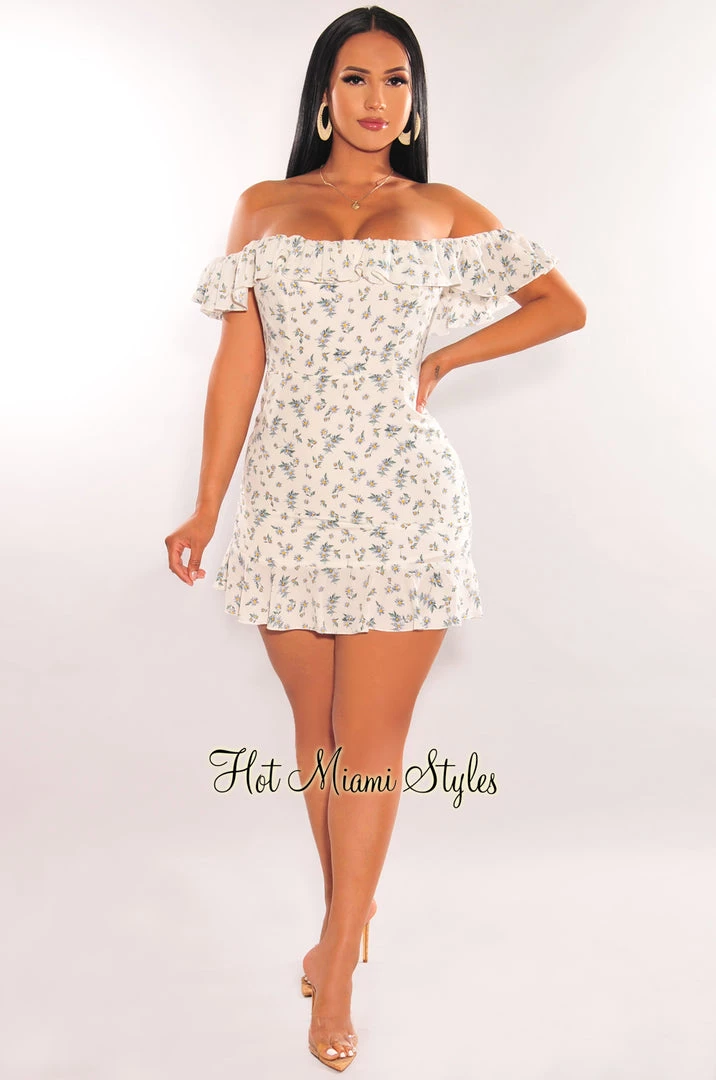 EDIT BY NINE Off White Floral Print Off Shoulder Ruffle Mini Dress Just In
